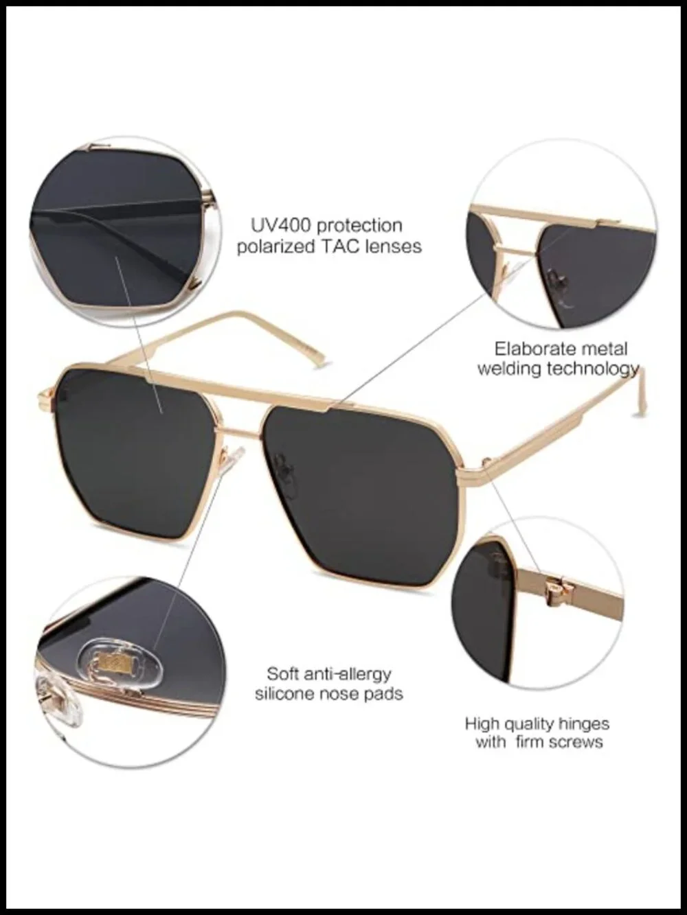 Oversized Square Polarized Sunglasses Metal Frame UV Protection